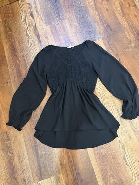 Black Long-Sleeve Smocked Peplum Top - Women